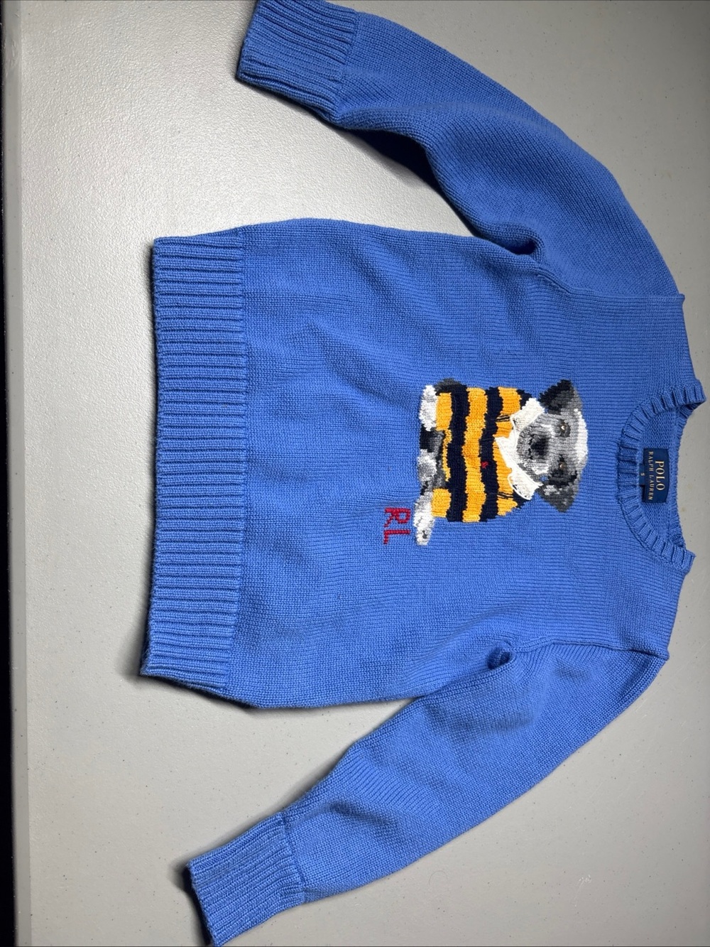Polo Ralph Lauren Boys 5 Blue Cotton Knit Crewneck Dog Logo Sweater
